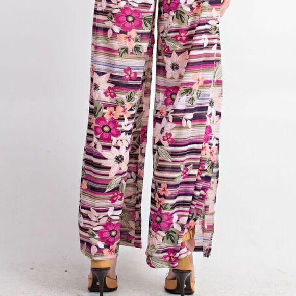 NEW! Super Cute Boho Floral Pattern Lightweight Wide Leg Pants Elastic Waist - Picture 3 of 6